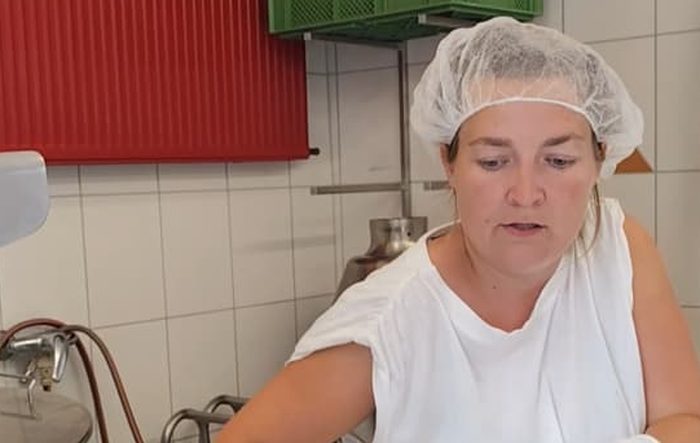 Mitarbeiterin bei der Käseherstellung in der Hofkäserei von Hofgut Pulsitz